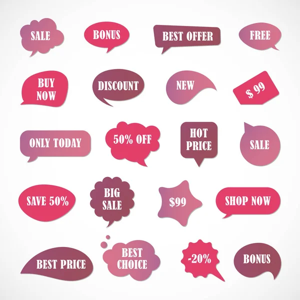 Vektör etiketleri, fiyat etiketleri, afişler, etiketler. Kupon satışı, teklifler ve promosyon vektör şablonu. Fiyat etiketi, perakende, ticaret, iş. Konuşma baloncukları kümesi