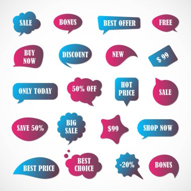 Vektör etiketleri, fiyat etiketleri, afişler, etiketler. Kupon satışı, teklifler ve promosyon vektör şablonu. Fiyat etiketi, perakende, ticaret, iş. Konuşma baloncukları kümesi