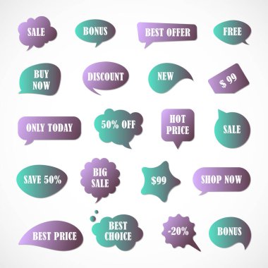 Vektör etiketleri, fiyat etiketleri, afişler, etiketler. Kupon satışı, teklifler ve promosyon vektör şablonu. Fiyat etiketi, perakende, ticaret, iş. Konuşma baloncukları kümesi