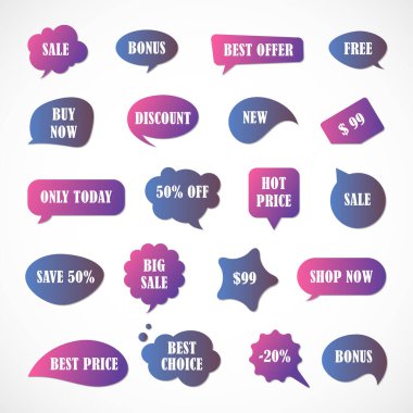 Vektör etiketleri, fiyat etiketleri, afişler, etiketler. Kupon satışı, teklifler ve promosyon vektör şablonu. Fiyat etiketi, perakende, ticaret, iş. Konuşma baloncukları kümesi