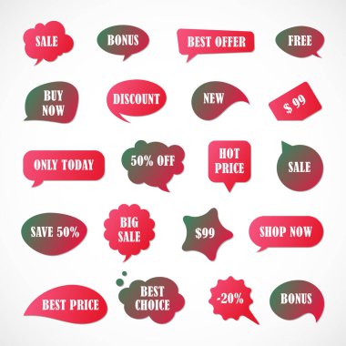 Vektör etiketleri, fiyat etiketleri, afişler, etiketler. Kupon satışı, teklifler ve promosyon vektör şablonu. Fiyat etiketi, perakende, ticaret, iş. Konuşma baloncukları kümesi