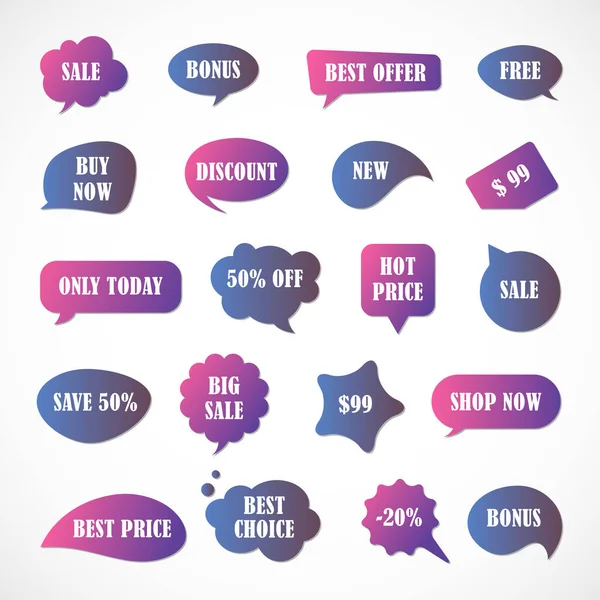 Vektör etiketleri, fiyat etiketleri, afişler, etiketler. Kupon satışı, teklifler ve promosyon vektör şablonu. Fiyat etiketi, perakende, ticaret, iş. Konuşma baloncukları kümesi