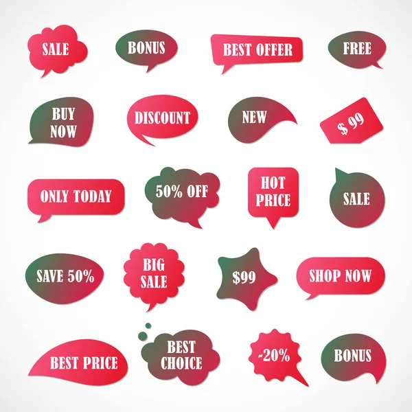Vektör etiketleri, fiyat etiketleri, afişler, etiketler. Kupon satışı, teklifler ve promosyon vektör şablonu. Fiyat etiketi, perakende, ticaret, iş. Konuşma baloncukları kümesi