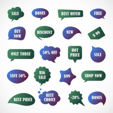 Vektör etiketleri, fiyat etiketleri, afişler, etiketler. Kupon satışı, teklifler ve promosyon vektör şablonu. Fiyat etiketi, perakende, ticaret, iş. Konuşma baloncukları kümesi