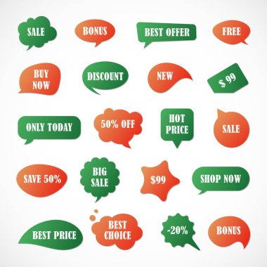 Vektör etiketleri, fiyat etiketleri, afişler, etiketler. Kupon satışı, teklifler ve promosyon vektör şablonu. Fiyat etiketi, perakende, ticaret, iş. Konuşma baloncukları kümesi