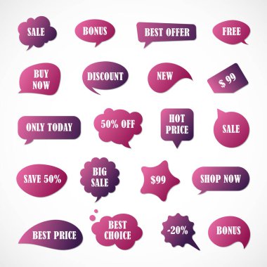 Vektör etiketleri, fiyat etiketleri, afişler, etiketler. Kupon satışı, teklifler ve promosyon vektör şablonu. Fiyat etiketi, perakende, ticaret, iş. Konuşma baloncukları kümesi