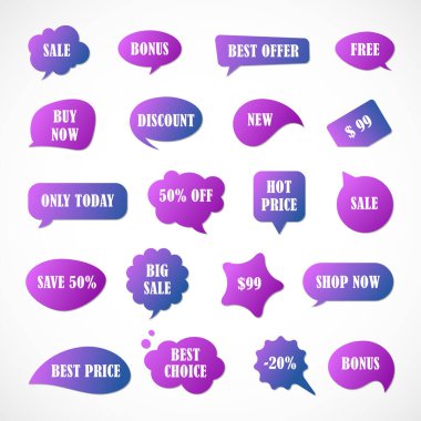 Vektör etiketleri, fiyat etiketleri, afişler, etiketler. Kupon satışı, teklifler ve promosyon vektör şablonu. Fiyat etiketi, perakende, ticaret, iş. Konuşma baloncukları kümesi