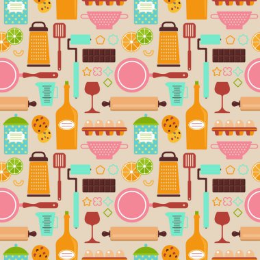 Gıda simgeleri, mutfak ekipmanları, desen, dikişsiz doku, fırın vektörü setinden soyut arkaplan