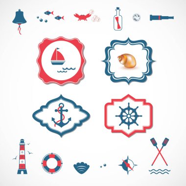 Vektör pankartı, klasik çerçeve, tasarım elemanları. Denizcilik koleksiyonu, deniz seyahat simgeleri