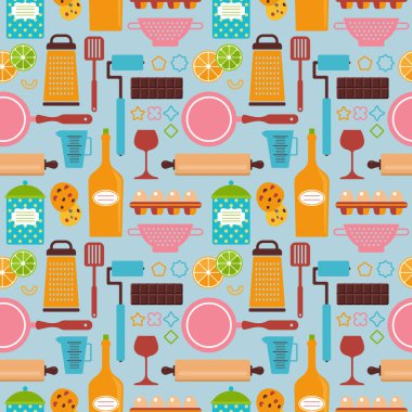 Abstract background from food icons, kitchen equipment, pattern, seamless texture, bakery vector set