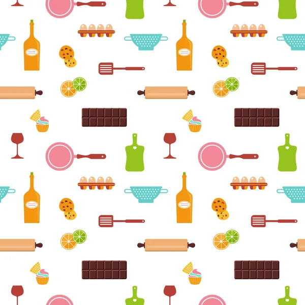 Abstract Background Food Icons Kitchen Equipment Pattern Seamless Texture Bakery — стоковый вектор