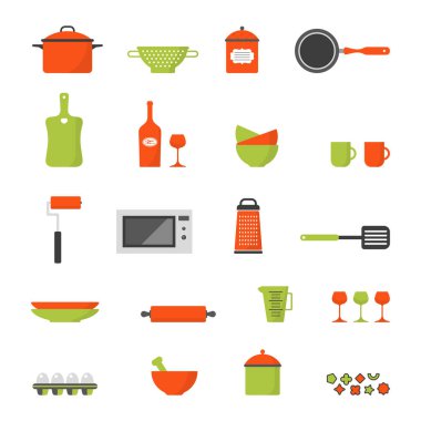 Vector set of flat icons of utensils, kitchen equipment, food preparation