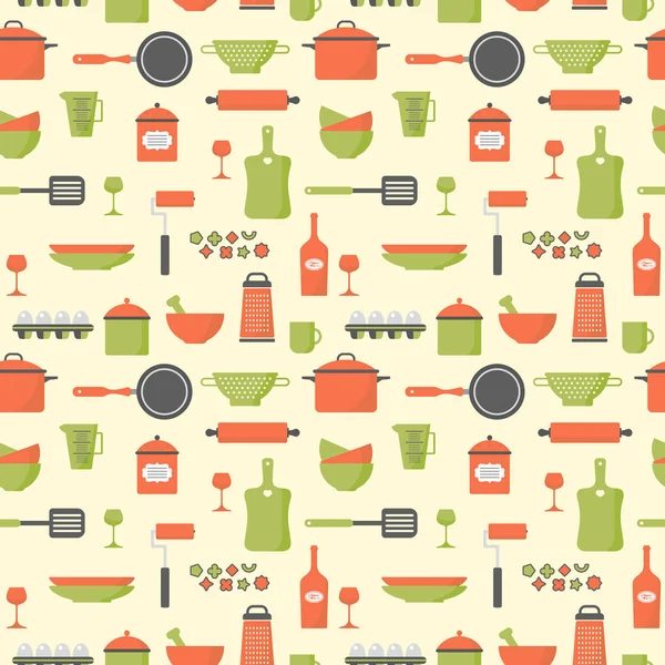 Seamless Texture Food Icons Kitchen Equipment Utensil Flat Cartoon Vector — стоковый вектор