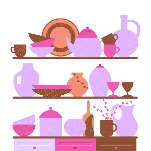 Set Utensilios Cocina Lindo Vector Plano Ilustración Colección Cuencos Platos — Vector de stock