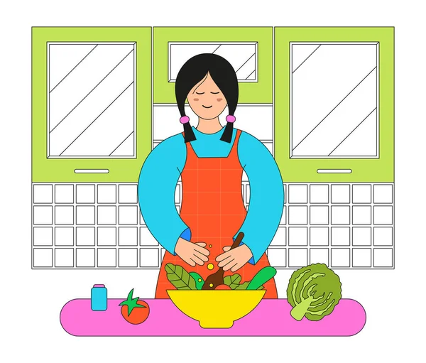 Dziewczyna Kuchni Przygotowuje Sałatkę Płaski Wektor Ilustracji Kobieta Gotuje Zdrową — Wektor stockowy