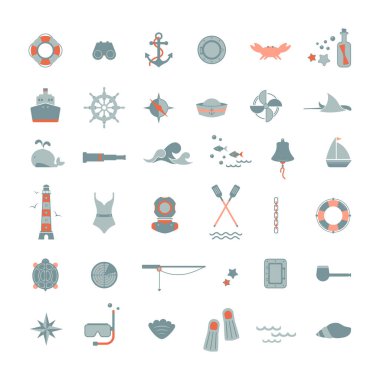 Deniz, navigasyon, deniz yolculuğu, turizm, dalış temalı düz simgeler. Denizcilik nesnelerinin denizcilik illüstrasyonu