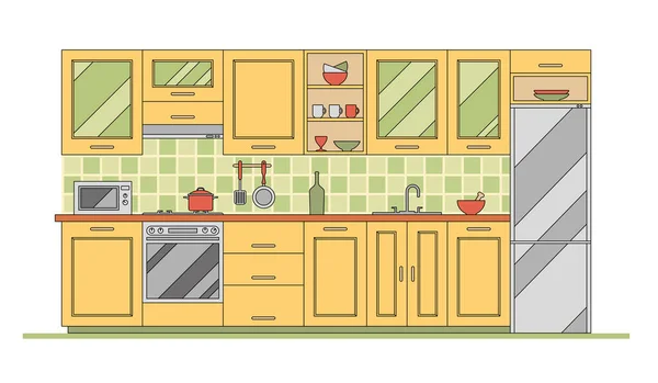 Векторная Плоская Иллюстрация Современная Кухонная Мебель Кухонные Принадлежности Бытовая Техника — стоковый вектор