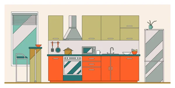 Vektorová Plochá Ilustrace Moderní Kuchyňský Interiér Nábytek Nádobí Nádobí Zařízení — Stockový vektor
