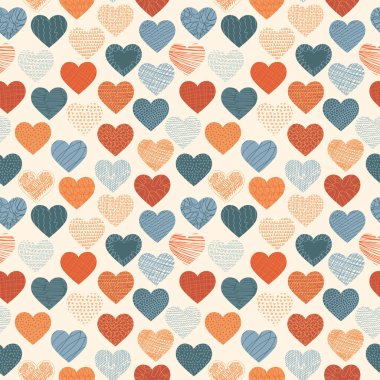 Elle çizilmiş kalplerin kusursuz deseni. Kıvrımların, çizgilerin, spirallerin ve noktaların basit dokusu. Çağdaş trend çizimi. Soyut bir arkaplan karala, duvar kağıdı. Dokulardan orijinal konsept tasarımı