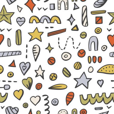 Elle çizilmiş geometrik şekillerin vektörsüz deseni. Dekoratif karalama elementlerinden soyut bir arkaplan, duvar kağıdı. Tekstil ve kumaş için modern baskı