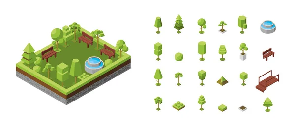Ilustración Isométrica Vectorial Concepto Parque Ecológico Zonas Recreo Con Fuente — Vector de stock