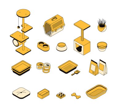 İzometrik evcil hayvan dükkânı ürünleri seti. Hayvan bakımı teması üzerine 3D simge koleksiyonu. Hayvan taşıyıcısı, tırmalama direği, kediler ve köpekler için yiyecek, kaseler ve diğer aksesuarlar.