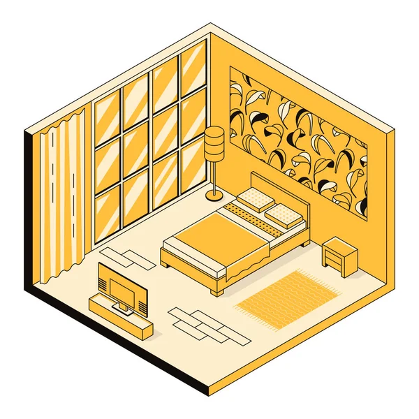 Vektör Izometrik Illüstrasyon Modern Yatak Odasının Dekorasyonu Mobilya Düzenlemesi Mobilyası — Stok Vektör