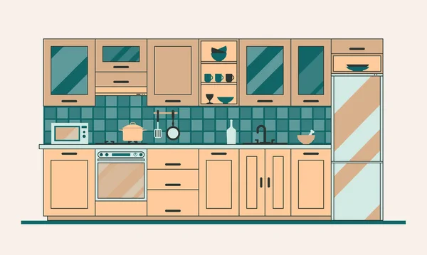 Векторная Плоская Иллюстрация Современная Кухонная Мебель Кухонные Принадлежности Бытовая Техника — стоковый вектор