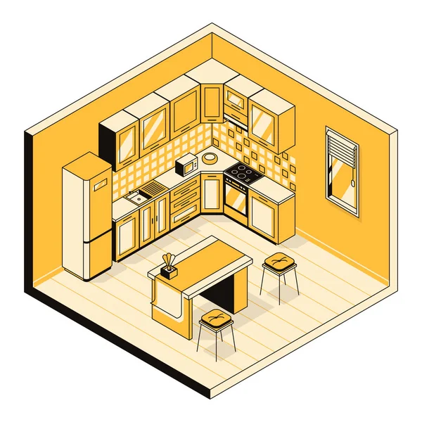 Векторная Изометрическая Иллюстрация Концепция Кухонного Интерьера Мебель Оборудование Приготовления Пищи — стоковый вектор
