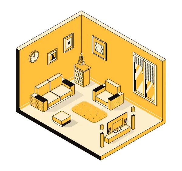 Vektorová Izometrická Ilustrace Koncept Interiéru Obývacího Pokoje Uspořádání Nábytku Domácí — Stockový vektor