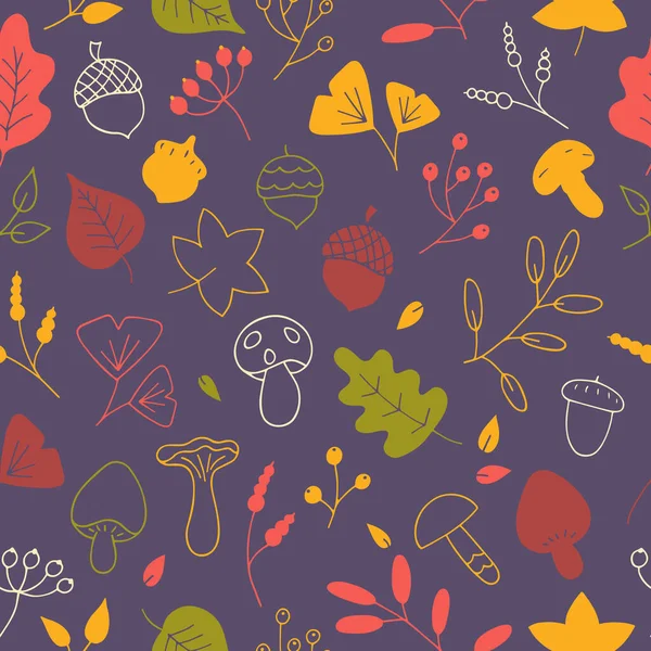 stock vector Vector seamless pattern of autumn leaves, twigs, berries, acorns and mushrooms. Abstract background from hand drawn botanical elements, cartoon plants. Trendy floral texture from cute doodles, season