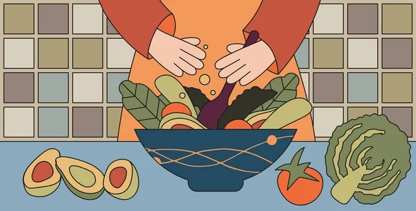 Illustrazione Piatta Vettoriale Una Ragazza Cucina Prepara Insalata Cucinare Piatto — Vettoriale Stock