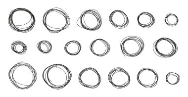 Yuvarlak çerçeveler çizilmiş bir vektör kümesi. Geometrik karalama koleksiyonu, bükülmüş çizgi, kıvrımlar. Dekorasyon için dekor ögesi, tasarım için basit çizim çemberleri