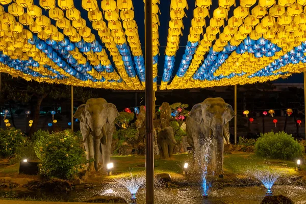 Asian Lanterns with Ukraine Flag Colors asking for Peace in Seoul, South Korea