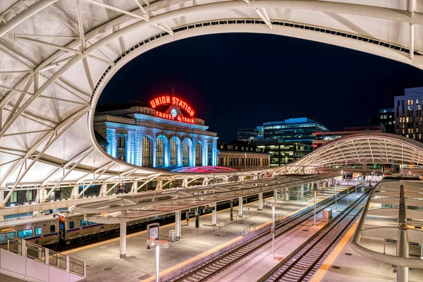 Vista Nocturna Union Station Denver Colorado — Foto de Stock