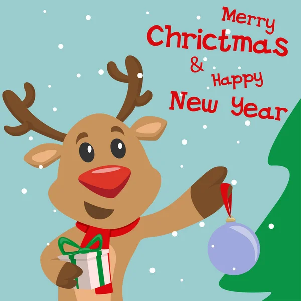Cute reindeer with christmas gift. Christmas card. — стоковый вектор