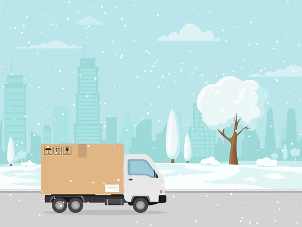 Entrega a domicilio. camión de reparto en el paisaje ciudad de invierno. — Vector de stock