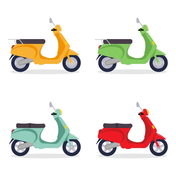 Scooter set. Scooters in different colors. scooter with luggage for delivery — Stock Vector