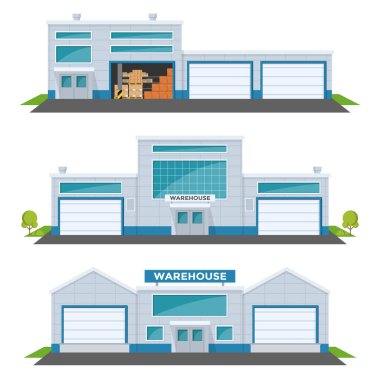 Depo dışarıda. Büyük bir depo ve ulaşım aracı. Palet raflarında kutular, depo işleri..