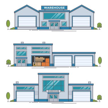 Depo dışarıda. Büyük bir depo ve ulaşım aracı. Palet raflarında kutular, depo işleri..