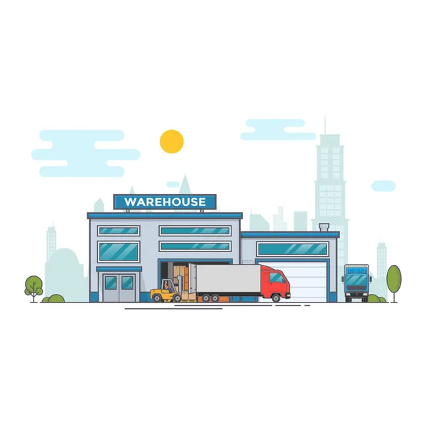 Warehouse out side. Big warehouse and transportation beside. Boxes on pallet shelves people loaders working of warehouse — Stock Vector