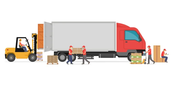 Magazijnpersoneel werkt in het magazijn. Werknemers die pakketten in een vrachtwagen laden. — Stockvector