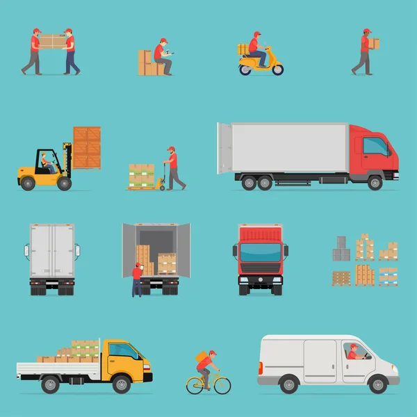 Magazijnpersoneel werkt in het magazijn. Werknemers laden pakketten in een vrachtwagen. Goederenvervoer — Stockvector