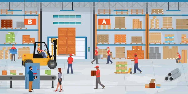 Pakhuis binnen, magazijnpersoneel werkt in het magazijn. Werknemers regelen pakketten op pallet en planken. — Stockvector