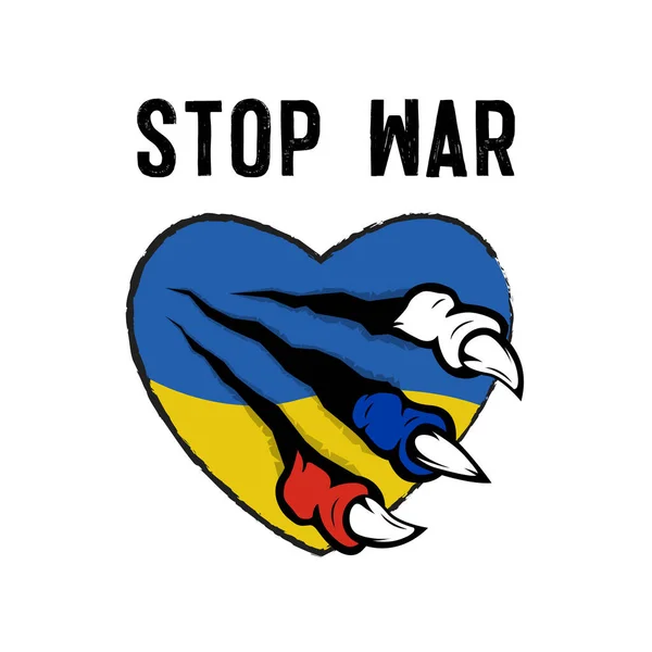 Logo Stop Krieg. Die Pfote des russischen Monsters bricht das Herz der Ukraine. — Stockvektor