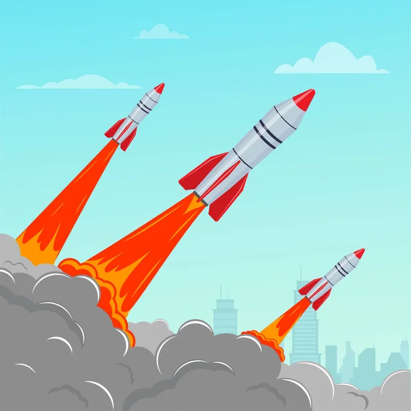 Rakéták kilövése és felszállása. Harci rakéták kilövése. — Stock Vector