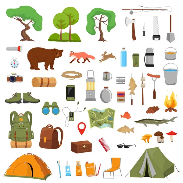 野营大集合。露营和徒步旅行,绘画元素-帐篷,火,地图和野生动物.野营设计用品. — 图库矢量图片