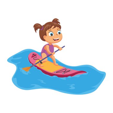 Funny girl riding on sup board. Floating and surfing on boards on waves in summer. Vector illustration