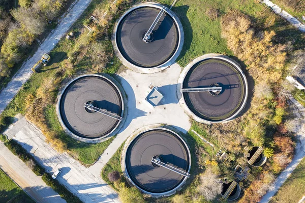 Aerial Top View Sewage Treatment Plant Group Big Sedimentation Drainage — Stock Photo, Image