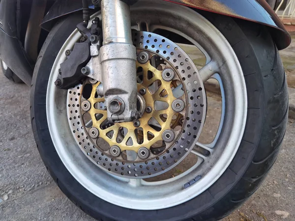 Close Motorcycle Wheel Brake Detail Motorcycle Sportive Backgrounds — Stock Photo, Image